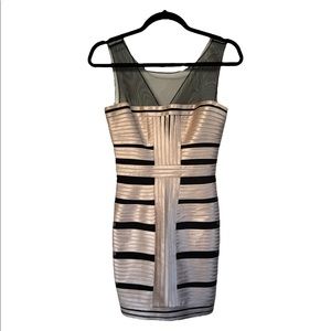 BCBGMaxazria Black Gold Silk Ribbon Cocktail Dress Designed Pleated Dresses